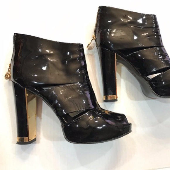 Tory Burch Bl. Open Toe Ankle Boots w Gold Accents - Picture 1 of 7